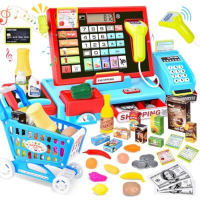 Caisse enregistreuse jouet bois avec 46 accessoires