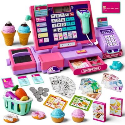 Caisse enregistreuse jouet bois avec calculatrice et accessoires