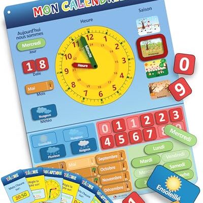 Calendrier educatif enfant magnétique avec heure et cartes