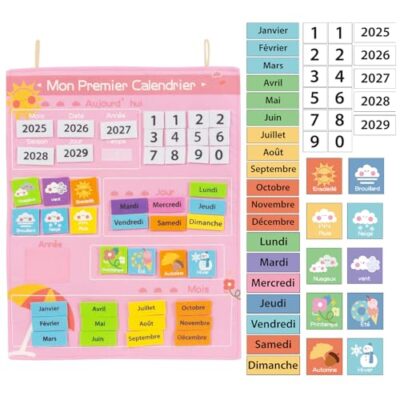 Calendrier educatif enfant mural en feutre rose