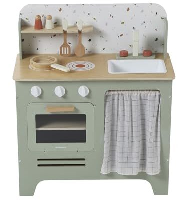 Cuisine enfant en bois vert sauge avec accessoires