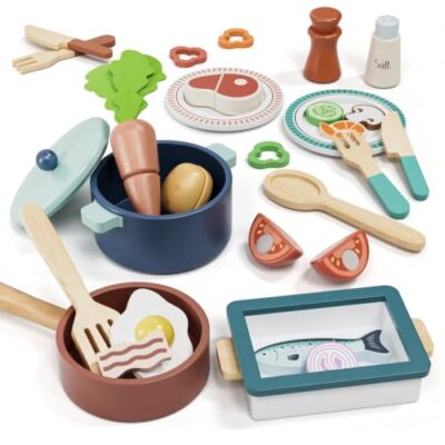 Dinette en bois enfant avec casseroles, légumes et accessoires