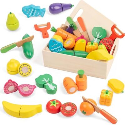 Dinette en bois enfant avec fruits et légumes à découper