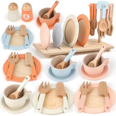 Dinette en bois enfant Dreamon 27 pièces pour jeu d’imitation