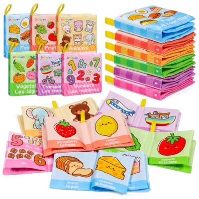 Livre sensoriel bébé tissu : lot de 6 livres bilingues