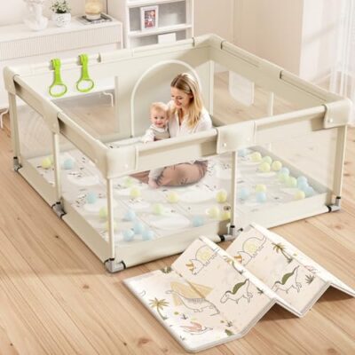 Parc bebe pliable beige avec tapis 120x120 cm