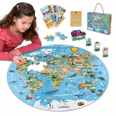 Puzzle carte du monde enfant rond XXL avec cartes et figurines