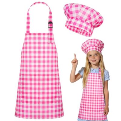 Tablier enfant cuisine à carreaux roses avec toque