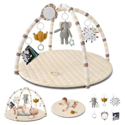 Tapis eveil bebe montessori avec arche amovible et 6 jouets