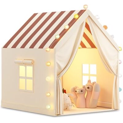 Tente de jeu enfant intérieure beige à rayures avec lumières