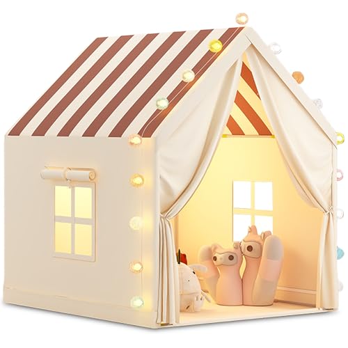 Tente de jeu enfant intérieure beige à rayures avec lumières