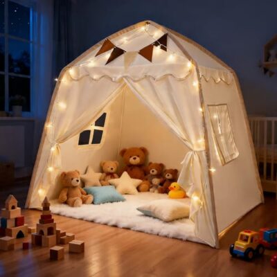 Tipi enfant chambre avec lumières et drapeaux