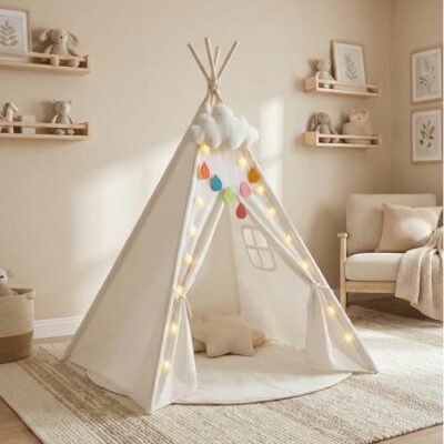 Tipi enfant chambre avec tapis rembourré et lumières