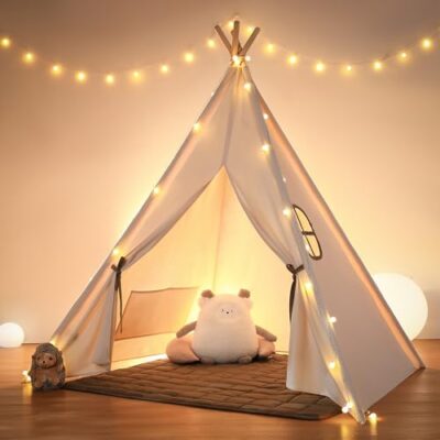 Tipi enfant chambre en coton naturel avec tapis et lumière