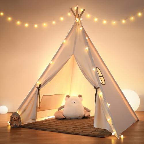 Tipi enfant chambre en coton naturel avec tapis et lumière