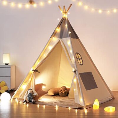 Tipi enfant chambre gris avec tapis, lumière et fixateur