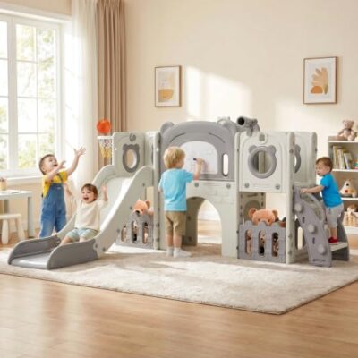 Toboggan enfant interieur 10 en 1 gris et blanc