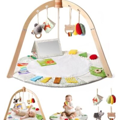 Arche de jeu bébé en bois Promise Babe avec tapis et 6 jouets