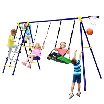 Balançoire enfant KOMFOTTEU avec nid d’oiseau, mur d’escalade et panier