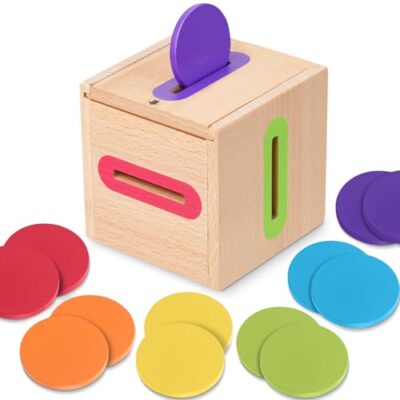 Boîte à trier en bois Lubolee avec 12 disques colorés à empiler