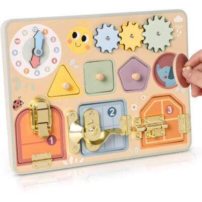 Busy board en bois Atoylink avec horloge, engrenages et 3 serrures