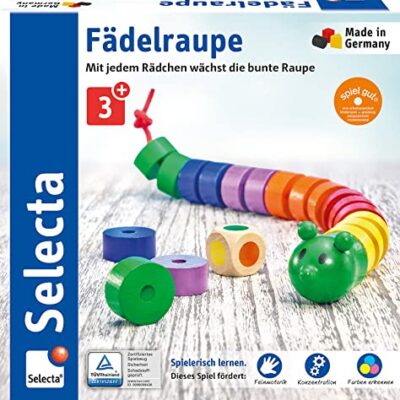 Chenille à enfiler en bois Selecta, jeu de dés et d’enfilage