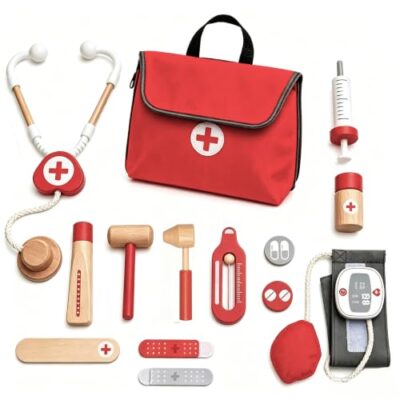 Coffret médecin en bois Lassuzie, 14 pièces et sac de rangement rouge