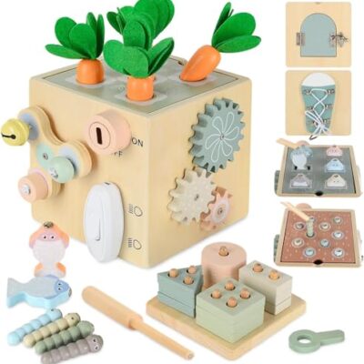 Cube d’activités en bois Anook, 10 jeux sur le thème de la ferme