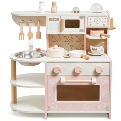 Cuisine de jeu en bois rose medoga avec cafetière et ustensiles