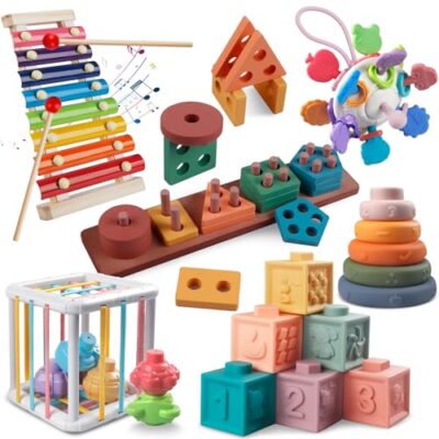 Ensemble d’éveil bébé 6 en 1 Tacopet, empilage en bois et percussion