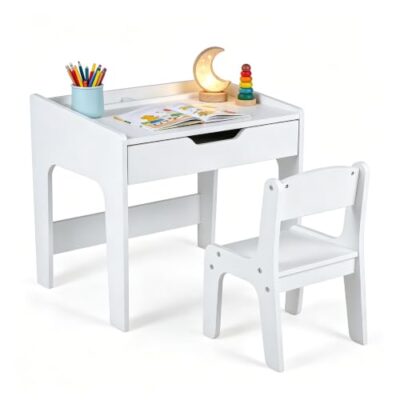 Ensemble table et chaise enfant LIFEZEAL avec grand tiroir, blanc