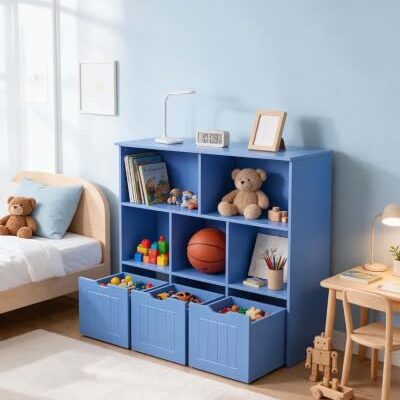 Étagère enfant bleue Ginhow avec 3 caisses à roulettes amovibles