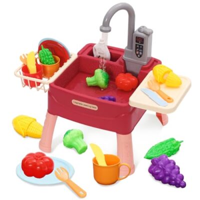 Évier de cuisine jouet EULEUY avec robinet à eau courante, rouge
