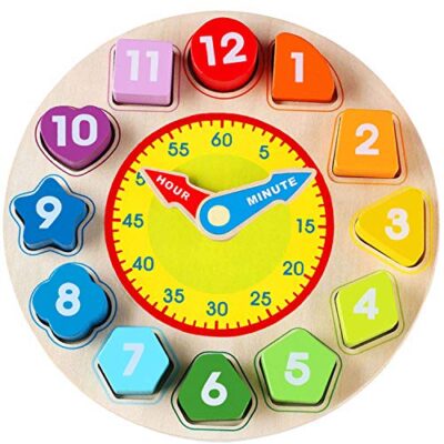 Horloge en bois jacootoys avec 12 blocs à trier pour apprendre l’heure