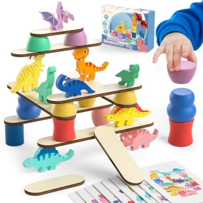 Jeu d’empilage en bois JAiiMen : blocs dinosaures et cartes défi