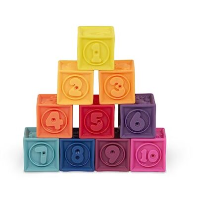 Jeu de 10 blocs souples à empiler B. toys One Two Squeeze et son sac
