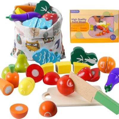 Jeu de découpe en bois HVDHYY, fruits et légumes avec sac de rangement