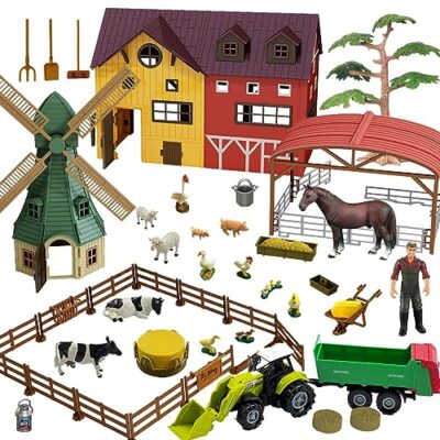 Jeu de la ferme Hyrenee avec moulin à vent, écurie et tracteur