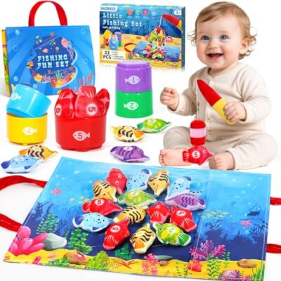 Jeu de pêche à la ligne SACBRZZ, 15 poissons et seaux empilables