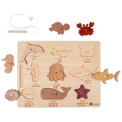 Jeu de pêche magnétique en bois Adena Montessori, puzzle animaux marins