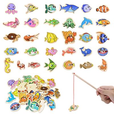Jeu de pêche magnétique en bois OFFCUP, 33 pièces et 2 cannes