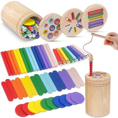 Jeu de tri des couleurs Haozozo en bois avec canne à pêche et sac