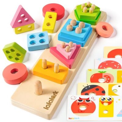Jeu de tri et d’empilage en bois lalalark, 15 blocs colorés et 5 cartes