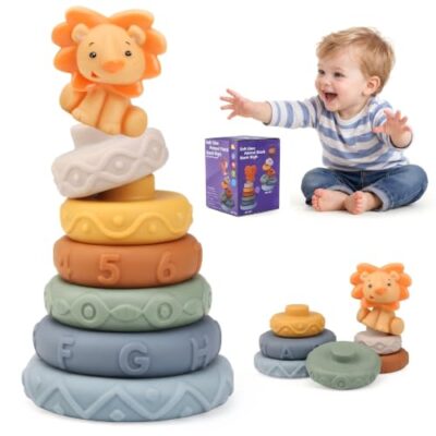 Jouet d’éveil empilable JoyPlus, anneaux en silicone au motif lion