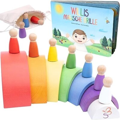 Kit de jeu arc-en-ciel en bois avec 7 figurines, Schmetterline