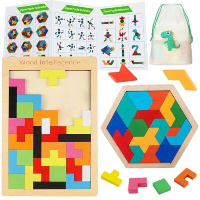 Lot de 2 puzzles tangram en bois NOZVYCI, hexagone et blocs logiques
