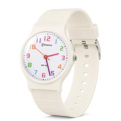 Montre enfant analogique Vspek blanche, chiffres multicolores