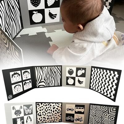 Planche noir et blanc dépliable pour bébé Samuel Sensory, 8 motifs