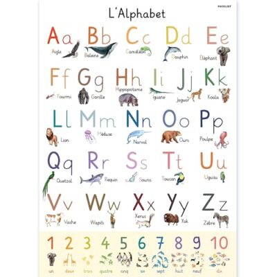 Poster alphabet français PACKLIST avec animaux, grand format A1