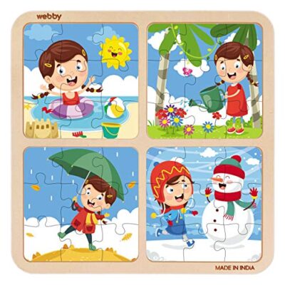 Puzzle en bois 4 en 1 Webby, saisons et météo, 36 grandes pièces